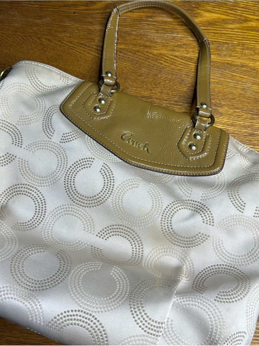 Coach Ivory Signature Tote with Tan Leather Trim